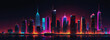 © Ai .stocker - Architecture, cityscape dark colorful neon light Modern hi-tech, science, futuristic technology concept. Abstract digital high tech city design illustration.