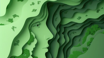 Wall Mural - A close-up of a woman's face surrounded by lush green grass. Ideal for nature and beauty concepts