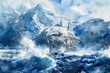 A watercolor painting of a ship sailing in the vast ocean. Ideal for nautical themes or travel concepts