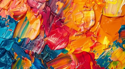 Fototapete - Detailed view of a vibrant, multi-colored painting showcasing a variety of bold hues and intricate brushwork.