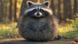 Craft a charming 3D render of a rotund raccoon from an elevated tilted perspective