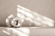 © hitdelight - White interior design with nordic ceramic vase and sunlight from the window. Empty room background with minimal aesthetic decor.