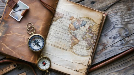 A wooden table displays an open book with a map, compass, and intricate circle pattern on the cover. The font, painting, and metal artifact add to the art facade AIG50