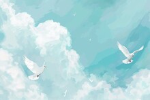 A Beautiful Painting Of Two White Birds Flying In The Sky. Perfect For Nature Lovers And Bird Enthusiasts