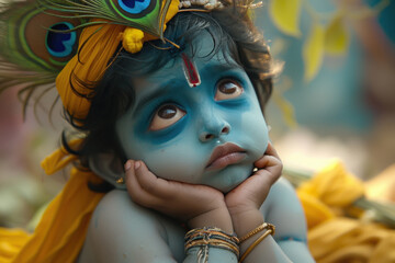 cute little boy in lord krishna costume and giving sad expression