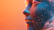 A close up of the face profile of an artificial intelligence, made out of lines and shapes in a blue gradient, in the pixel art style.