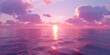 3D rendering of the sun setting over an ocean with pink and purple clouds in the sky.