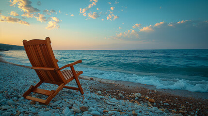 Wall Mural - Relaxation on the beach: A lonely lounge chair next to the calm ocean