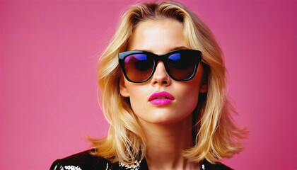 photo of beautiful woman with blonde hair and style sunglasses standing against pink background, generative AI