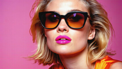 photo of beautiful woman with blonde hair and style sunglasses standing against pink background, generative AI