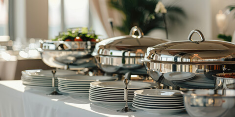 Catering Equipment and Empty clean Buffet Setup. Chafing Dishes and Servingware on white background. Catering company, restaurant supply store.