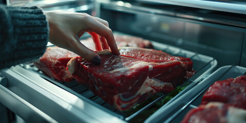 Poster - Close-up female hand putting raw meat in refrigerator. Cooking at home, chilled fresh red beef meat.