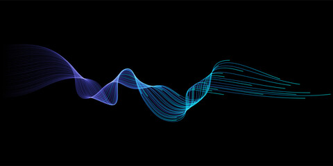 Poster - Vector abstract light lines wavy flowing dynamic in blue green colors isolated on black background for concept of AI technology, digital, communication, 5G, science, music