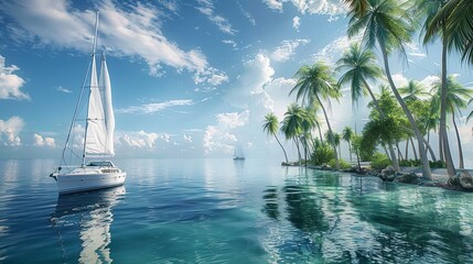 Poster - A sailboat gracefully floats on a calm body of water, framed by lush palm trees swaying gently in the breeze. Generative AI
