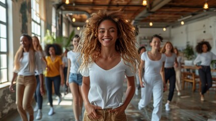 Poster - A group of women are walking in a room together, AI