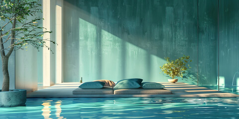 Wall Mural - Tranquil Nature Retreat: Minimalist Setting with Serene Blue and Green Colors, Evoking Relaxation in Nature