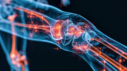 Wall Mural - human joint in a close up shot, with glowing red and blue elements around it