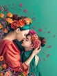 Mothers giving kiss to her her child daughter art photo illustration with colorful flowers on green background 