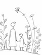 Mother and her child illustration with flowers and warm feelings on mother's day or women's day celebration monochrome black and white
