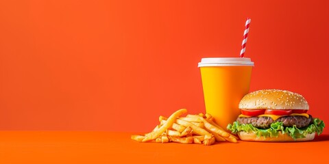 Wall Mural - A hamburger, french fries, and a straw are on a table