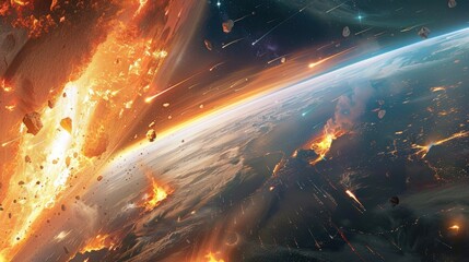 Canvas Print - Immerse yourself in a mesmerizing sci fi realm filled with burning and exploding stars a fiery hell asteroid impacts and a horizon aglow with cosmic wonders Picture the vast expanse of deep