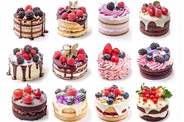 Wall Mural - Delicious set of holiday cakes with cream, berries, fruits, flowers and sprinkles on a white background