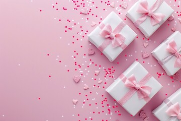 Wall Mural - Top view photo of white gift boxes with pink bows curly ribbon silver sequins and heart shaped confetti on isolated pastel pink background with copyspace
