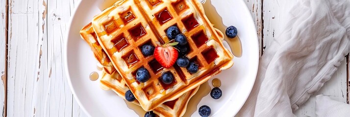 Wall Mural - Waffles with syrup and berries strawberries, blueberries lie on white plate white wooden table  no berries on table banner
