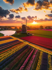 Wall Mural - Aerial view of tulip field and windmill at sunrise or sunset, landscape with flower festival in the morning or evening. Wall Art Design for Home Decor, 4K Wallpaper and Background for desktop, laptop