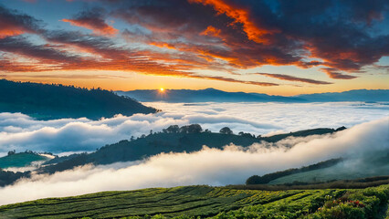 Sea of clouds over fields just after sun rise 16:9 with copyspace