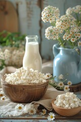 Poster - A wooden bowl of milk and a jug with flowers, AI