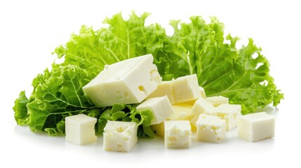 Wall Mural - Fresh cheese and lettuce slices placed on a white background