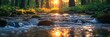 © QuietWord - quiet nature landscape small creek flow in green forest with sunlit, Generative Ai