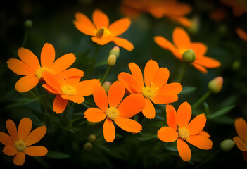 Wall Mural - A close-up of vibrant orange flowers against a dark background