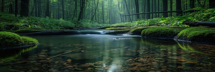 Wall Mural - quiet nature landscape small creek flow in green forest with sunlit, Generative Ai