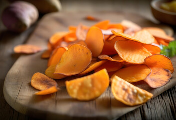 Wall Mural - A sweet potato chips on a rustic wooden table