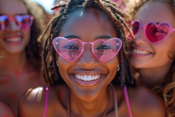 Sticker - Three happy friends enjoy a summer beach party, laughing and taking joyful selfies in the sunlight.