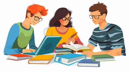 Poster - Three individuals engage in deep discussion at a table filled with books and a laptop, delving into the depths of study material. Generative AI
