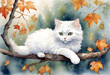 Watercolor of a fluffy white cat with striking green eyes is lying on a tree branch with autumn leaves