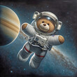 © driftwood - A teddy bear in a detailed astronaut suit is floating in space with a large planet in the background