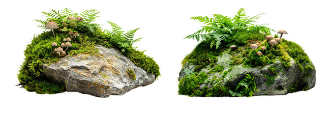 Wall Mural - moss covered rocks surrounded by ferns and plants isolated on transparent or white background