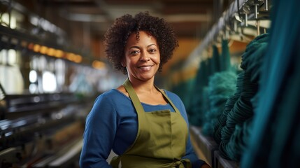 Wall Mural - A mature African American woman works carefully in a weaving factory. A woman weaver standing behind a loom looks at the camera smiling.