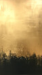 A painting of a city skyline with a black and gold background