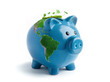 Blue piggy bank for protection of planet Earth, symbol for sustainable investment, renewable economy, environmental budget, green global finance and economy, responsible world business