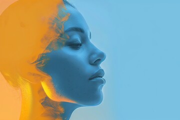 Wall Mural - A woman's face with blue and orange colors.