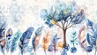 Artistic oak mural with white lattice, watercolor feathers, a soft blue tree, and colorful hexagons.