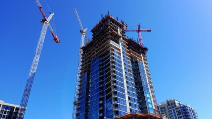 Aufkleber - A high-rise building under construction against a clear blue sky, with cranes and scaffolding showcasing the dynamic nature of urban growth.