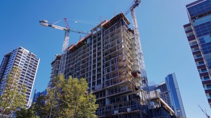Aufkleber - A high-rise building under construction against a clear blue sky, with cranes and scaffolding showcasing the dynamic nature of urban growth.