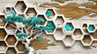 Lively hexagons in blue and brown complement a turquoise tree on a white lattice over an oak wood background.