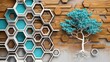 Vibrant contrast in contemporary 3D wall art with a white lattice over oak wood, featuring a stylized tree in turquoise.